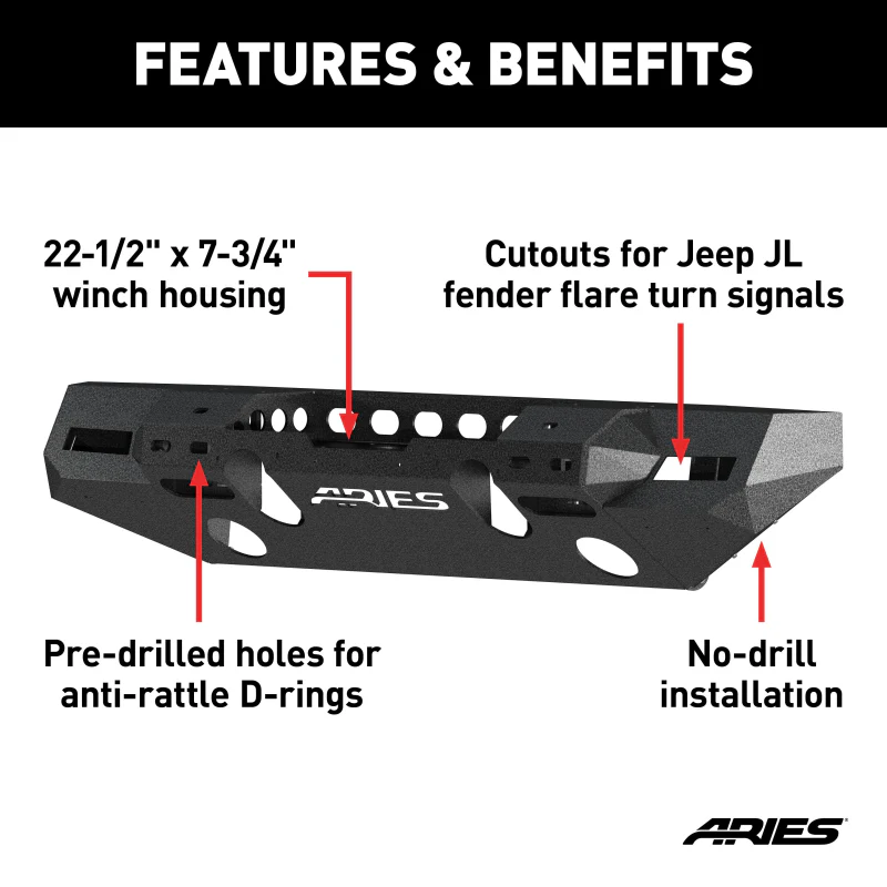 ARIES TrailChaser Jeep Wrangler JL, Gladiator Aluminum Front Bumper (Option 7) Model 2082076 - Image 3