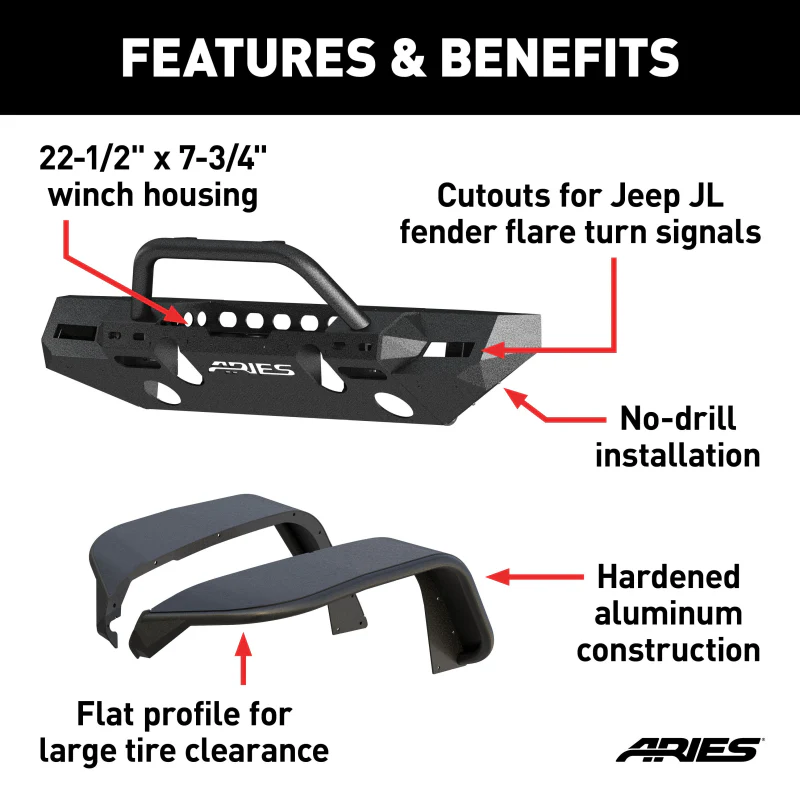 ARIES TrailChaser Jeep Wrangler JL Front Bumper with Fender Flares (Option 8) Model 2082096 - Image 3