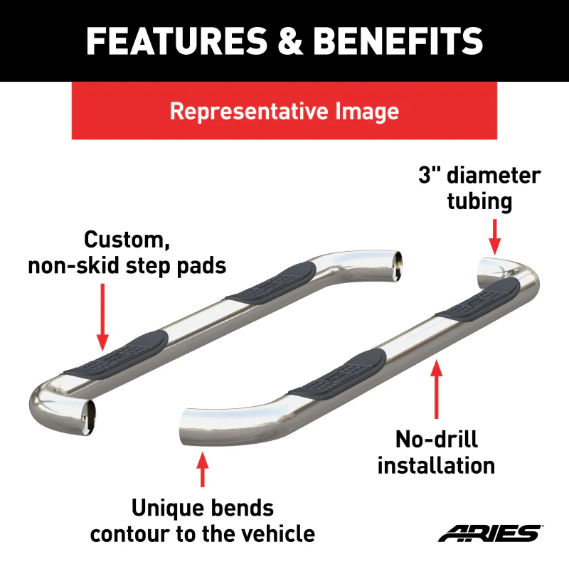 ARIES 3" Round Polished Stainless Step Nerf Bars Model 209042-2 - Image 3