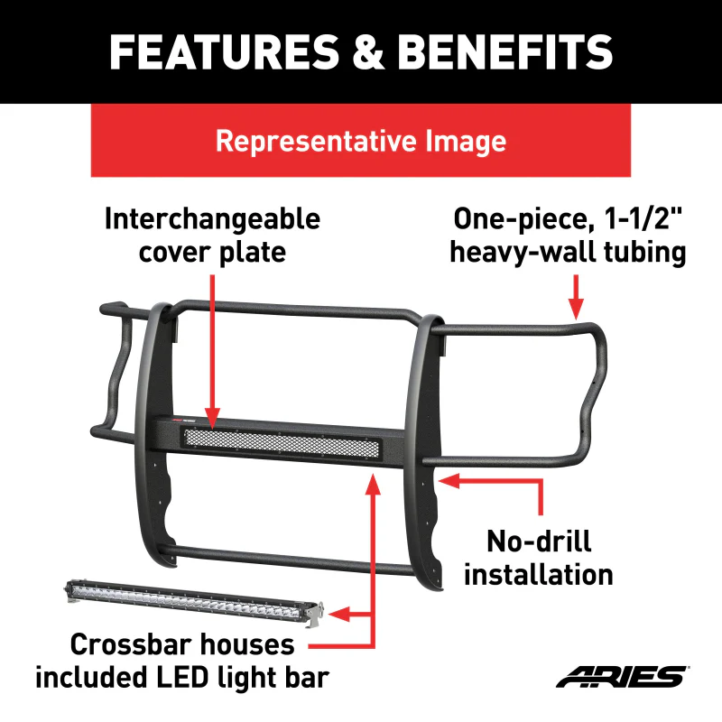 ARIES Pro Series Black Steel Grille Guard with Light Bar, Select Ford Super Duty Model 2170014 - Image 6