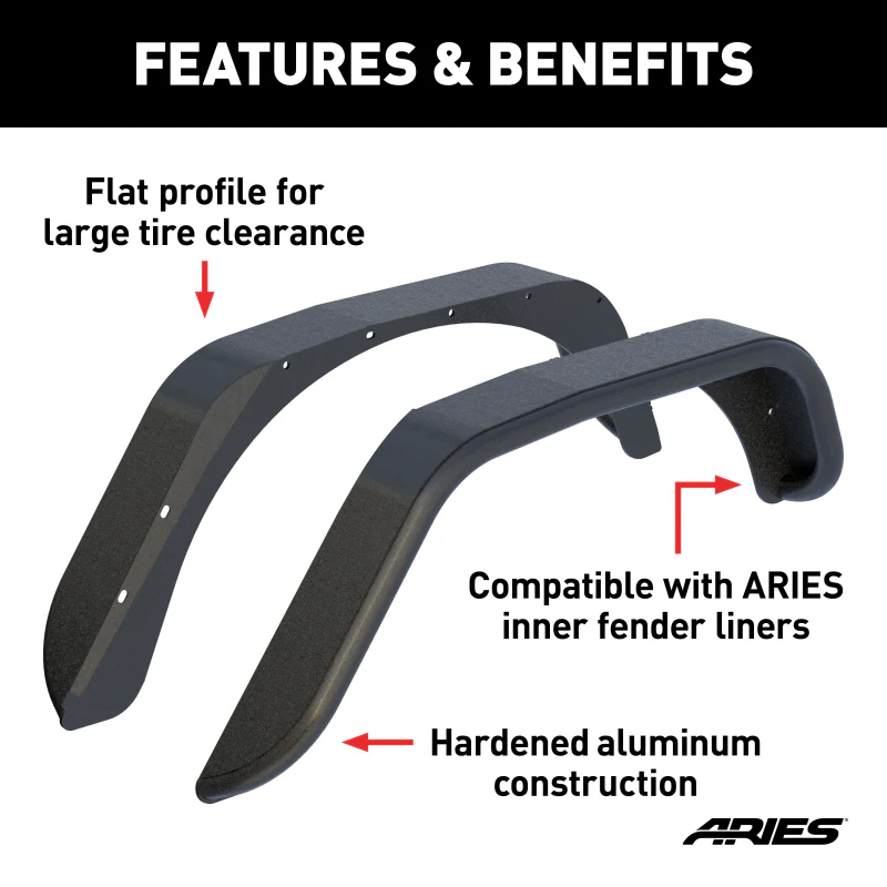 ARIES Jeep Wrangler JK Black Aluminum Rear Fender Flares Model 2500201 - Image 3