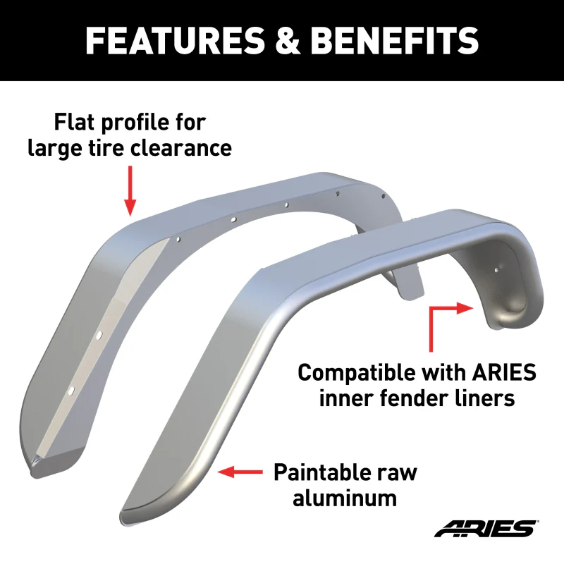 ARIES Jeep Wrangler JK Raw Aluminum Rear Fender Flares Model 2500202 - Image 3