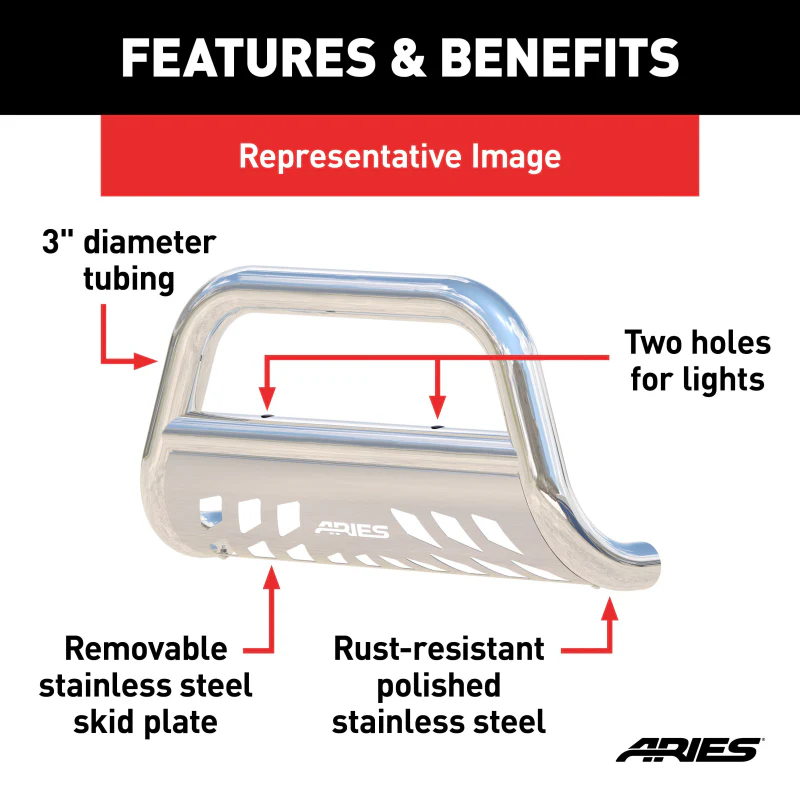 ARIES 3" Polished Stainless Bull Bar, Select Toyota Tacoma Model 35-2010 - Image 5