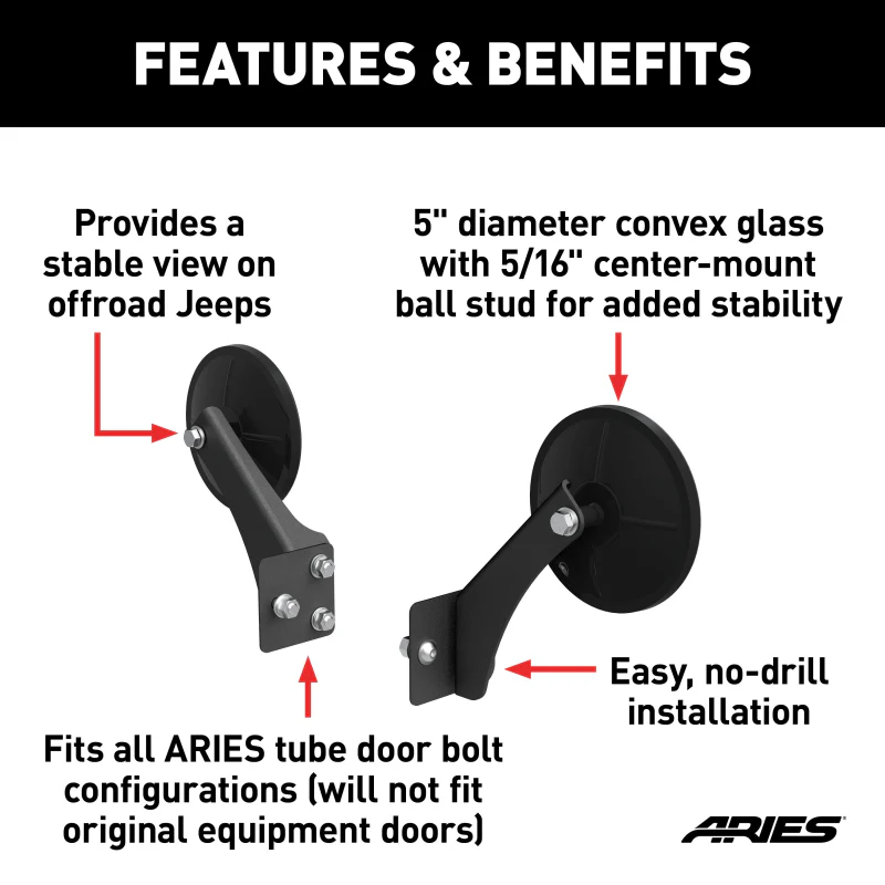 ARIES Offroad Jeep Wrangler Tube Door Mirrors (2-Pack) Model 3500300 - Image 3