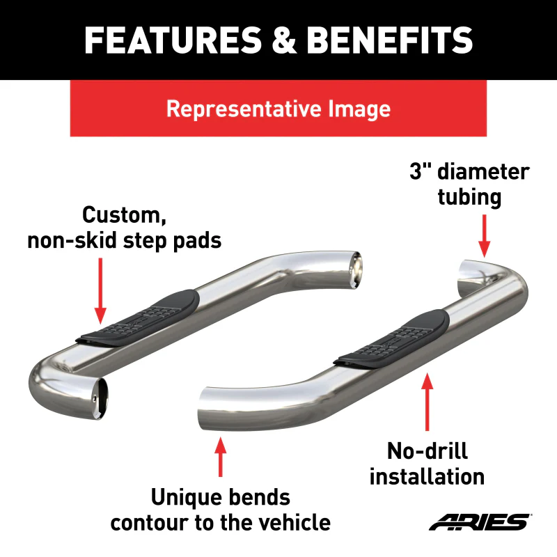 ARIES 3" Round Polished Stainless Side Bars, Select Jeep Wrangler YJ, TJ Model 35600-2 - Image 3