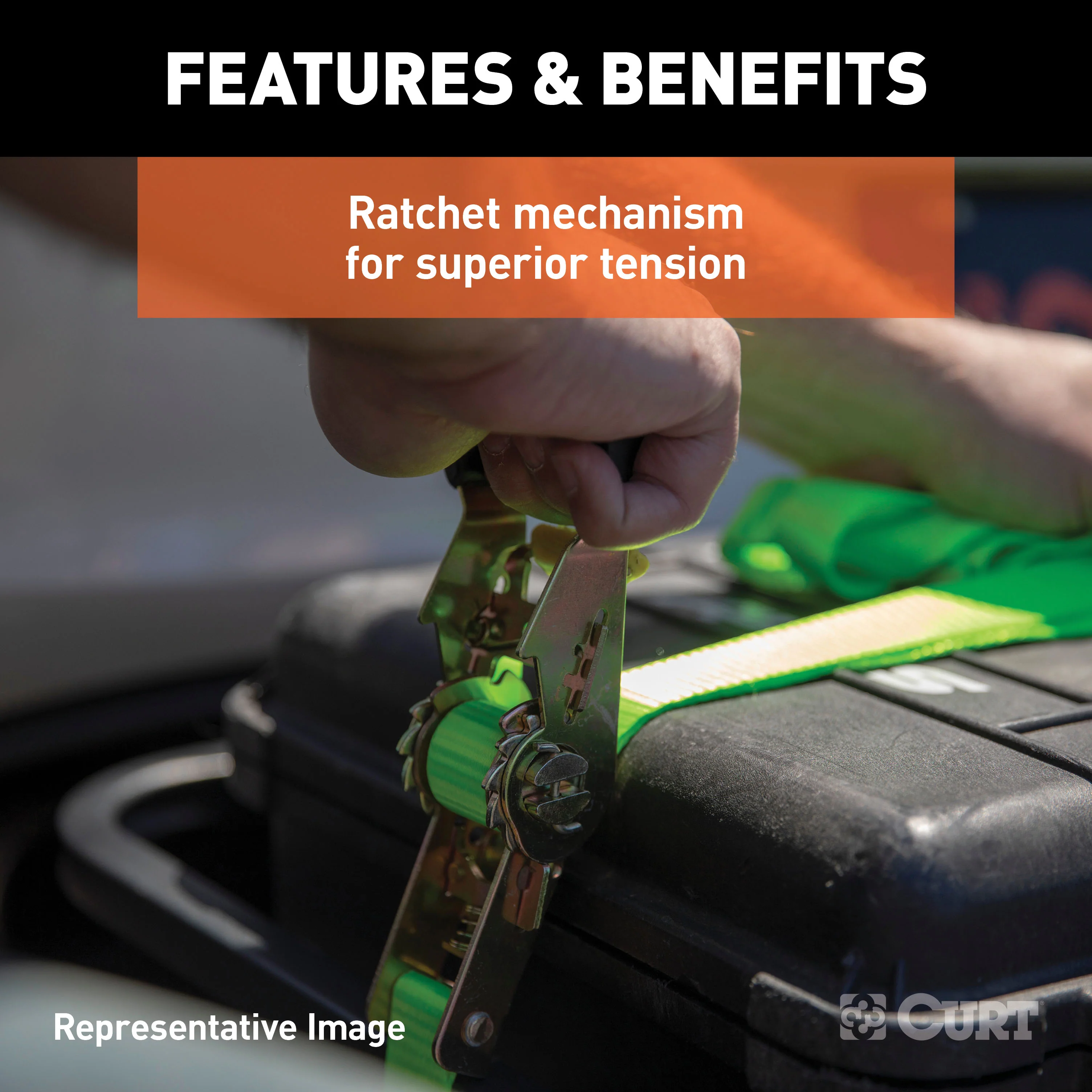 CURT 1-Inch x 16-Foot Lime Green Nylon Ratchet Straps, 3,300 lbs. Break Strength, 2-Pack Model 83028 - Image 5