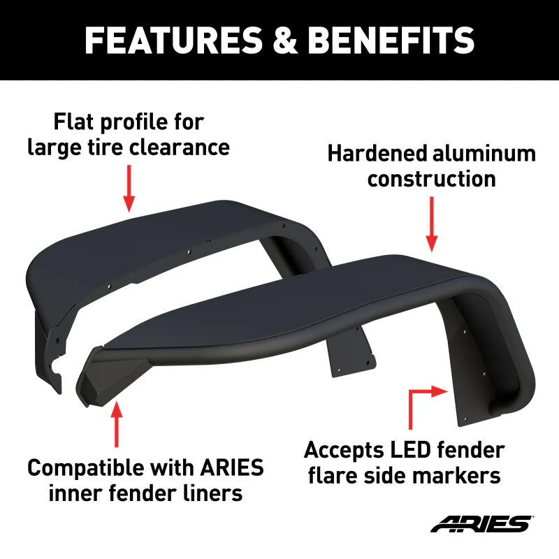 ARIES Jeep Gladiator & Wrangler JL Smooth Carbide Black Aluminum Front Fender Flares Model 1500213 - Image 2