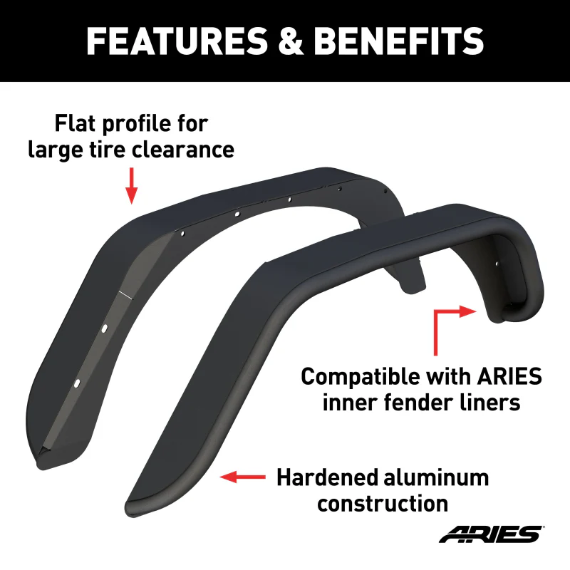 ARIES Jeep Wrangler JK Smooth Black Aluminum Rear Fender Flares Model 2500211 - Image 2