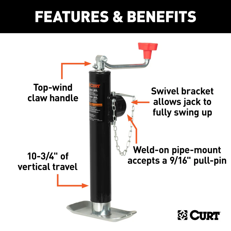 CURT Pipe-Mount Swivel Trailer Jack with Top Handle 5,000 lbs, 10" Travel Model 25006 - Image 2