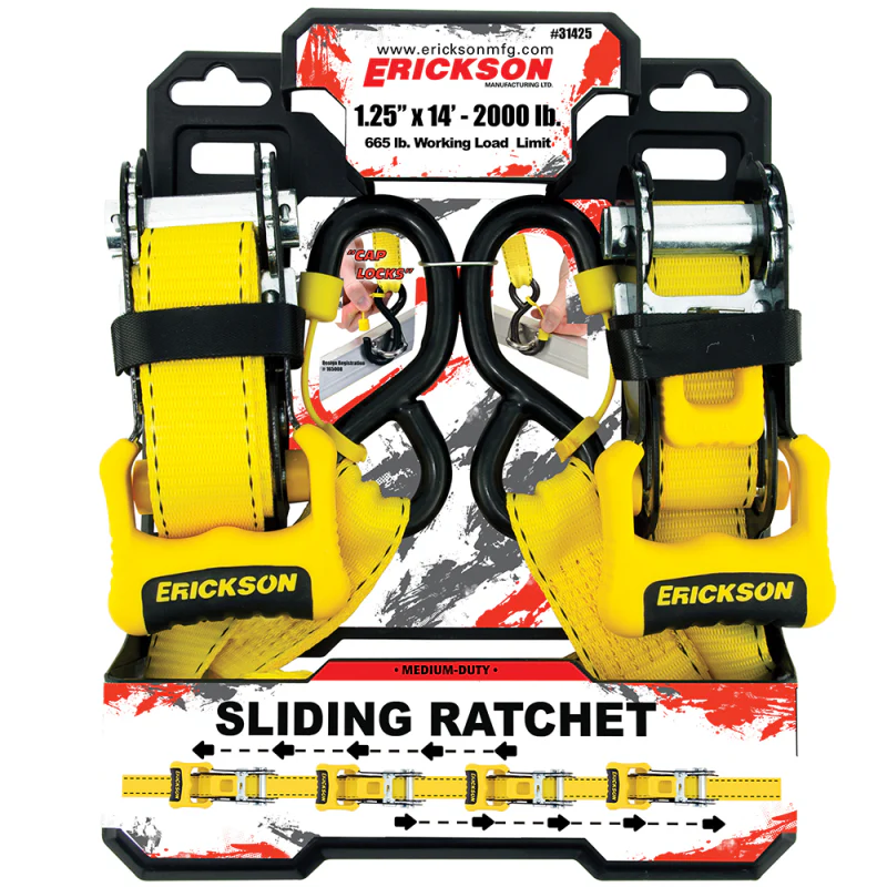 Erickson Manufacturing 2 Pack 1 1/4In X 14Ft 2000Lb Sliding Ratchet Straps With Cap Lock Hooks Yellow Model 31425 - Image 2