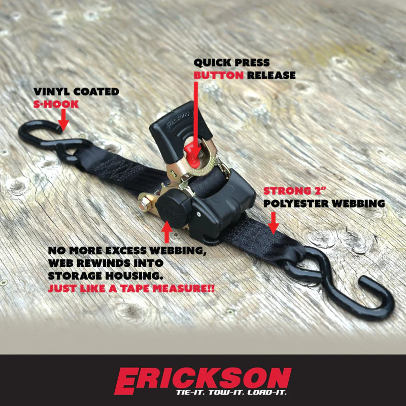 Erickson Manufacturing 2 Pack 2 In X 10Ft 3300Lb Retractable Ratchet Tie Downs Black Model 34416 - Image 7