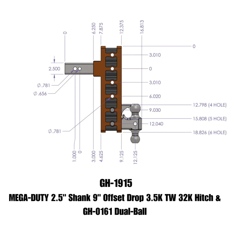 GEN-Y MEGA-DUTY 2.5" Offset Shank 3" Rise, 9" Drop 3.5K TW 32K Hitch & GH-0161 Dual-Ball Model GH-1915 - Image 4