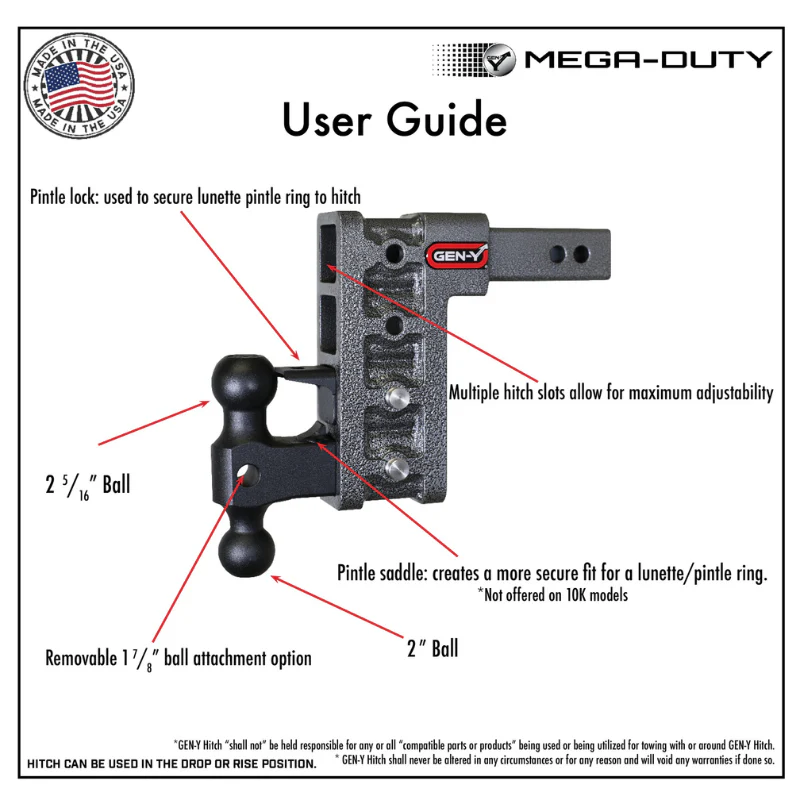 GEN-Y MEGA-DUTY 3" Shank 6" Drop 3.5K TW 32K Hitch & GH-0161 Dual-Ball Model GH-1713 - Image 6