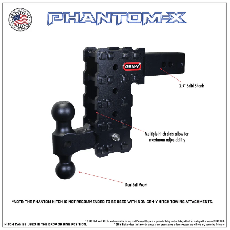 GEN-Y PHANTOM-X 2.5" Solid Shank 5" Drop 1.6K TW 16K Hitch & GH-051 Dual-Ball & GH-032 Pintle Lock Model GH-2423X - Image 3