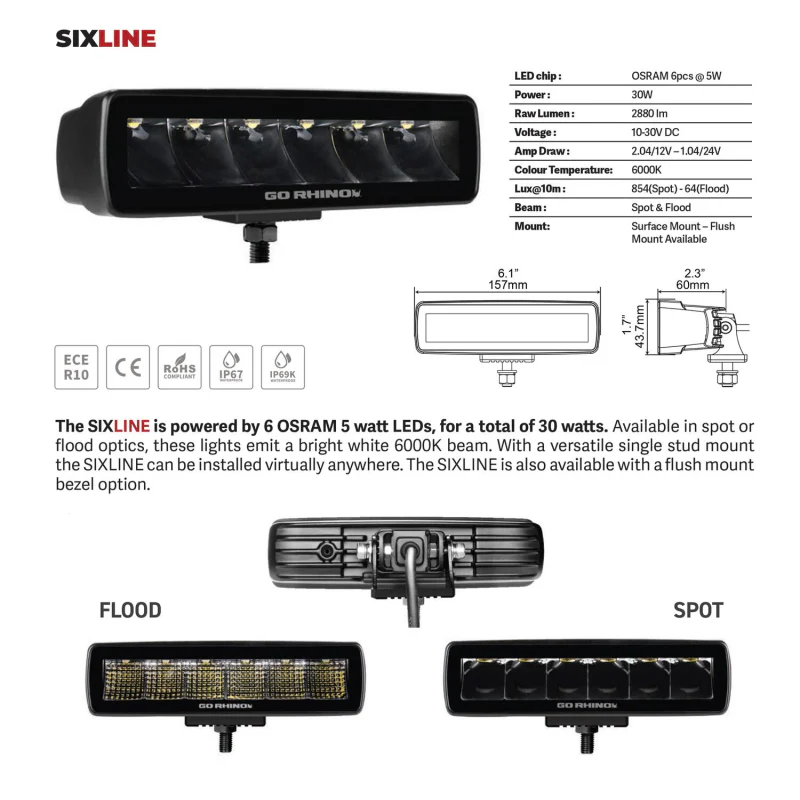 Go Rhino Blackout Series SIXLINE 6-LED Spot Lights with Flush Mount Model 750300621SBF - Image 6