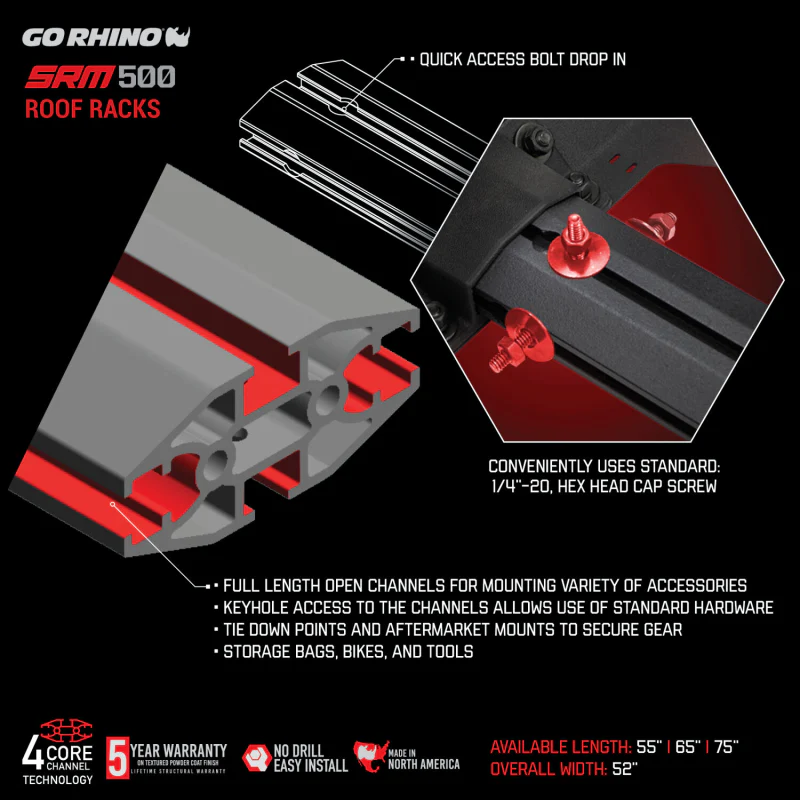 Go Rhino SRM500 Tri Rail Kit for 55" Long x 52" Wide Long Rack Rails only Model 5935052T - Image 2