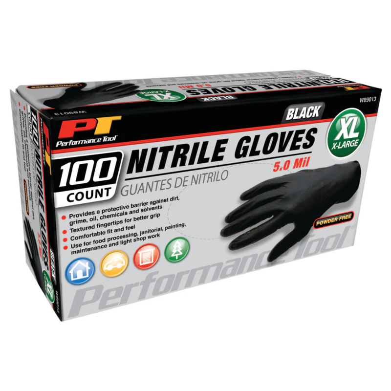 Performance Tool Performance Tool Disposable 5 Mil, Black Nitrile Gloves W/Textured Finger Tips-100/Bx-Size XL  Model W89013 - Image 2