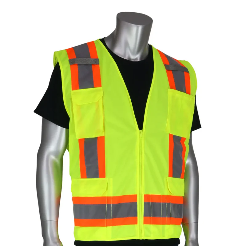 PIP Class 2 Solid/Mesh Vest, Zipper, 8 Pockets, Mic Tab, Two Tone Tape, Lime Yellow, 2XL Model 302-0500-YEL/2X
