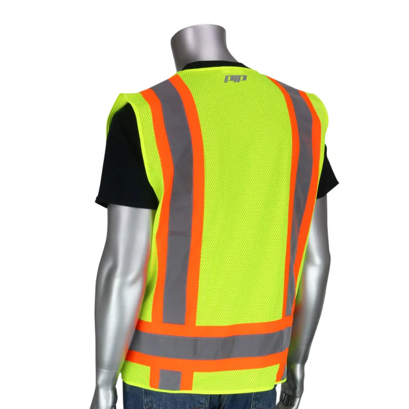 PIP Class 2 Solid/Mesh Vest, Zipper, 8 Pockets, Mic Tab, Two Tone Tape, Lime Yellow, 2XL Model 302-0500-YEL/2X - Image 2