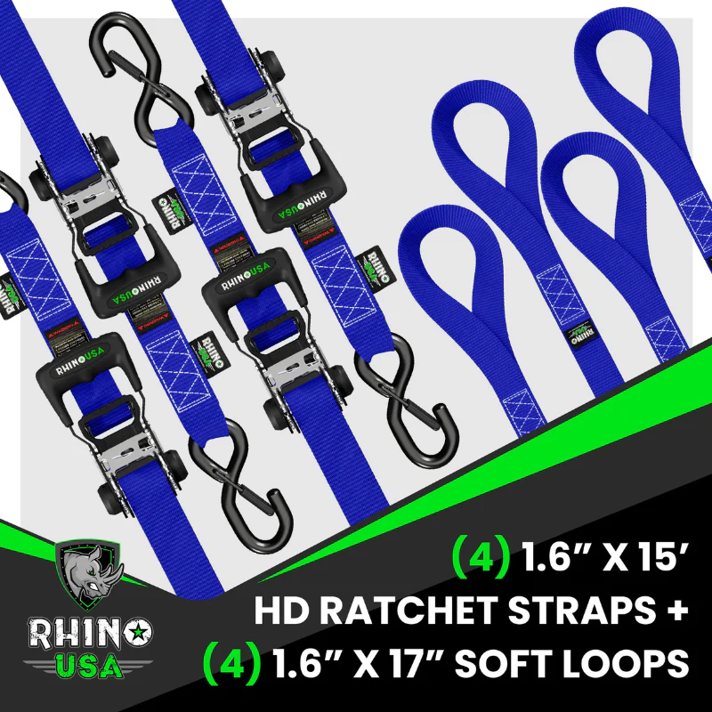 Rhino USA 1.6In X 15Ft Heavy Duty Ratchet Tie-Down (4-Pack) Blue Model TD-GC1.6X15-BLU - Image 3