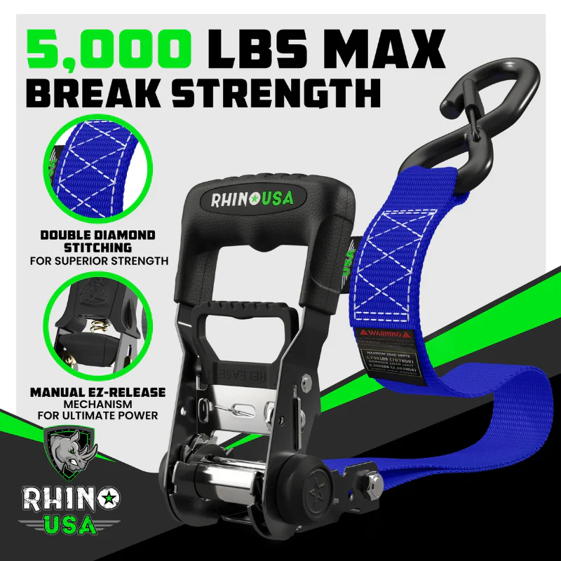 Rhino USA 1.6In X 15Ft Heavy Duty Ratchet Tie-Down (4-Pack) Blue Model TD-GC1.6X15-BLU - Image 6