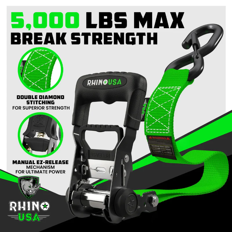 Rhino USA 1.6In X 8Ft Heavy Duty Ratchet Tie-Down Set (2-Pack Green) Model HDKIT-2PK-GRN - Image 5