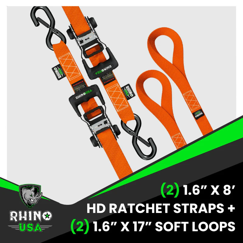 Rhino USA 1.6In X 8Ft Heavy Duty Ratchet Tie-Down Set 2 Pack Orange Model HDKIT-2PK-ORG - Image 4