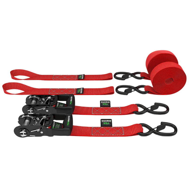 Rhino USA 1.6In X 8Ft Heavy Duty Ratchet Tie-Down Set 2 Pack Red Model HDKIT-2PK-RED