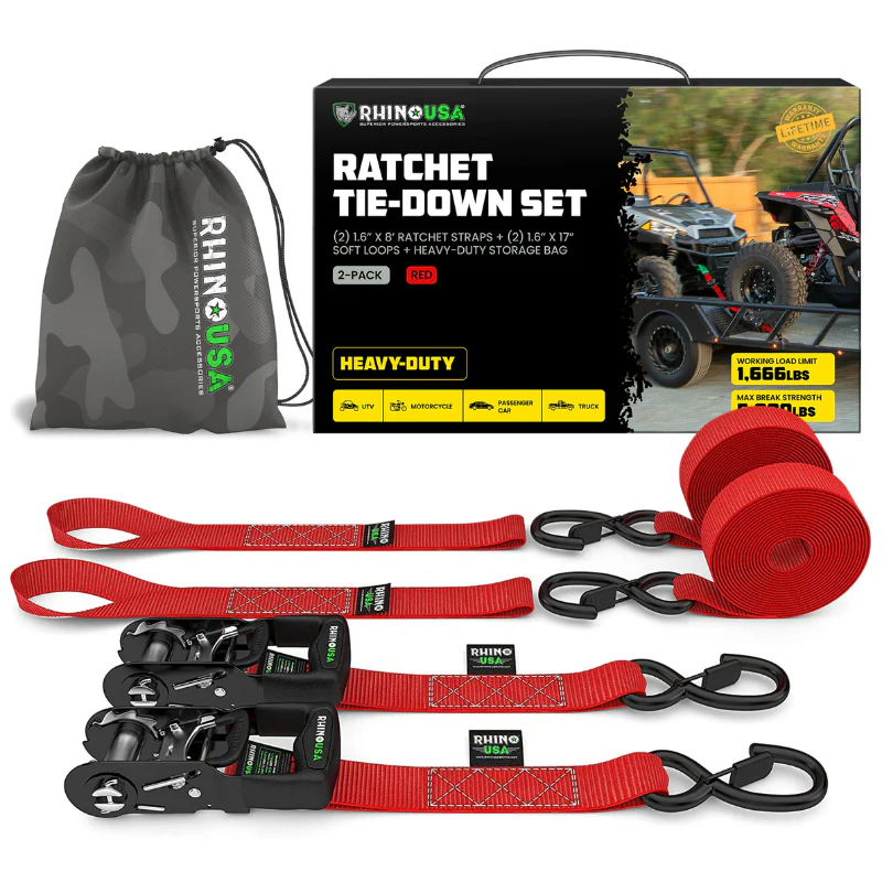 Rhino USA 1.6In X 8Ft Heavy Duty Ratchet Tie-Down Set 2 Pack Red Model HDKIT-2PK-RED - Image 2