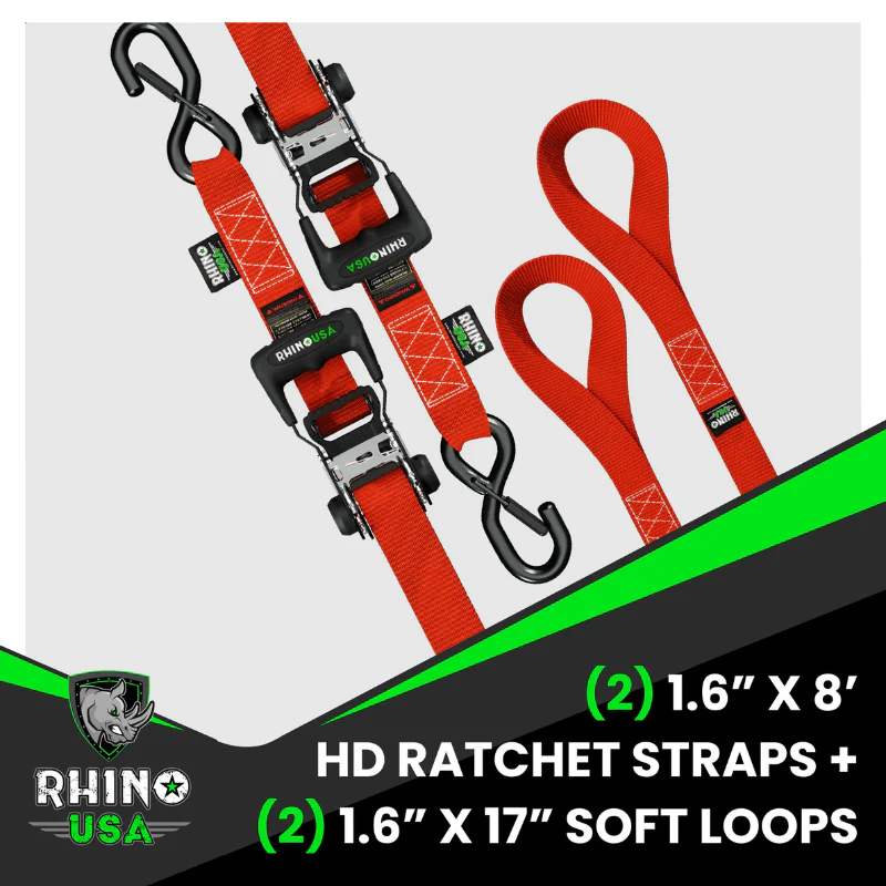 Rhino USA 1.6In X 8Ft Heavy Duty Ratchet Tie-Down Set 2 Pack Red Model HDKIT-2PK-RED - Image 3