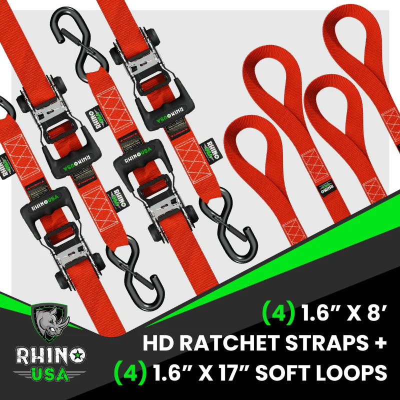 Rhino USA 1.6In X 8Ft Heavy Duty Ratchet Tie-Down Set (4 Pack) Red Model HDKIT-4PK-RED - Image 4
