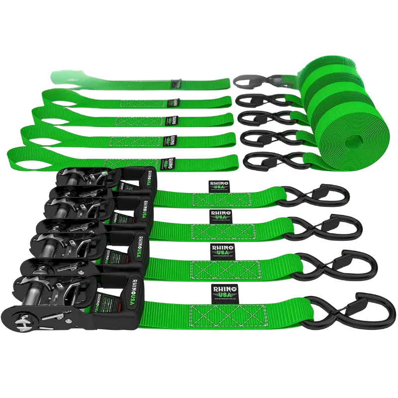 Rhino USA 1.6In X 8Ft Heavy Duty Ratchet Tie-Down (4-Pack) Green Model HDKIT-4PK-GRN