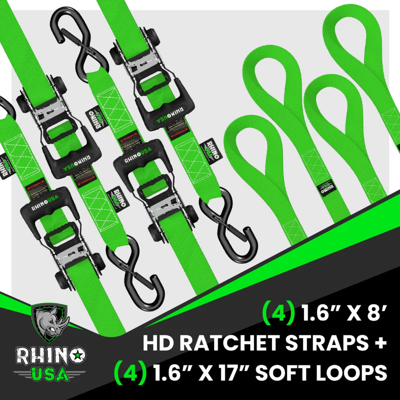 Rhino USA 1.6In X 8Ft Heavy Duty Ratchet Tie-Down (4-Pack) Green Model HDKIT-4PK-GRN - Image 4