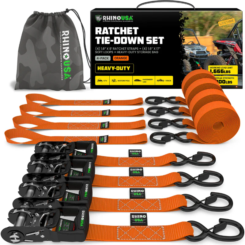 Rhino USA 1.6In X 8Ft Heavy Duty Ratchet Tie-Down (4-Pack) Orange Model HDKIT-4PK-ORG - Image 2