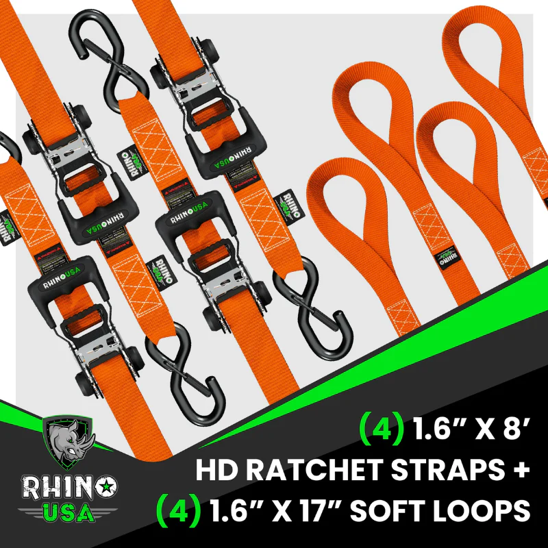 Rhino USA 1.6In X 8Ft Heavy Duty Ratchet Tie-Down (4-Pack) Orange Model HDKIT-4PK-ORG - Image 4
