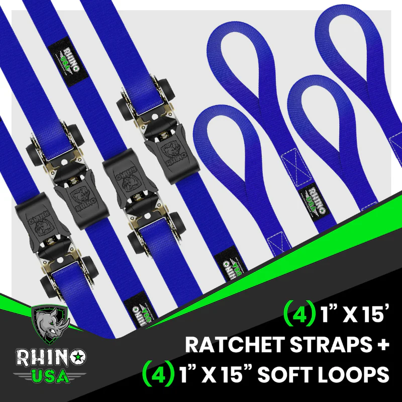 Rhino USA Medium Duty Ratchet Strap Tie-Down 1In X 15Ft (4-Pack) Blue Model RCHT-4PACK-BLU - Image 4