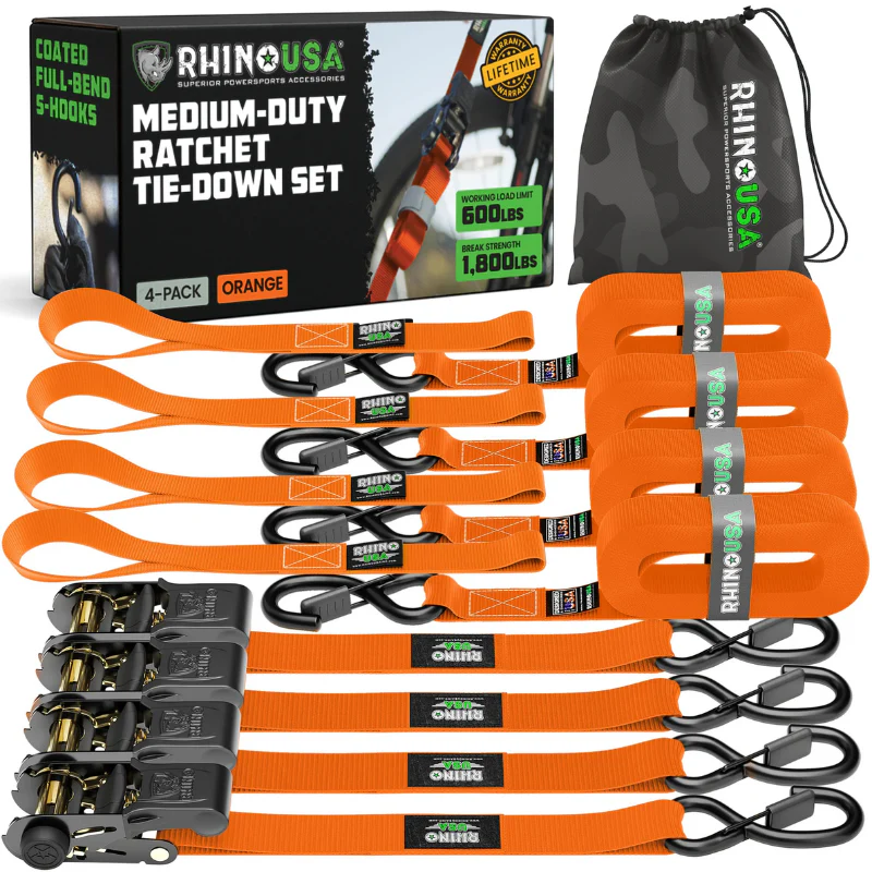 Rhino USA Medium Duty Ratchet Strap Tie-Down 1In X 15Ft (4-Pack) Orange Model RCHT-4PACK-ORG - Image 2