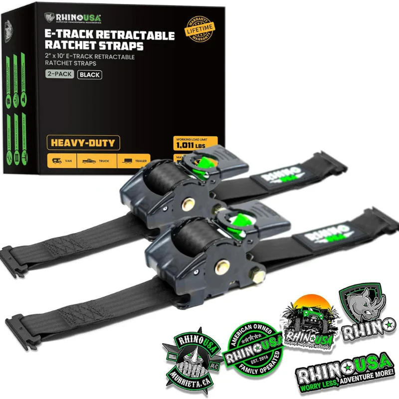 Rhino USA Retractable E-Track Ratchet Straps 2In X 10Ft (2-Pack) Black Model TD-RSRE2X10-ETRK-BLK - Image 2