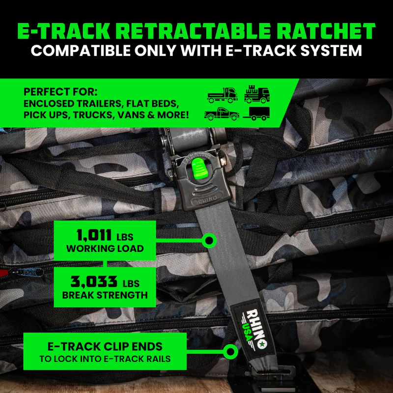 Rhino USA Retractable E-Track Ratchet Straps 2In X 10Ft (2-Pack) Gray Model TD-RSRE2X10-ETRK-GRY - Image 5