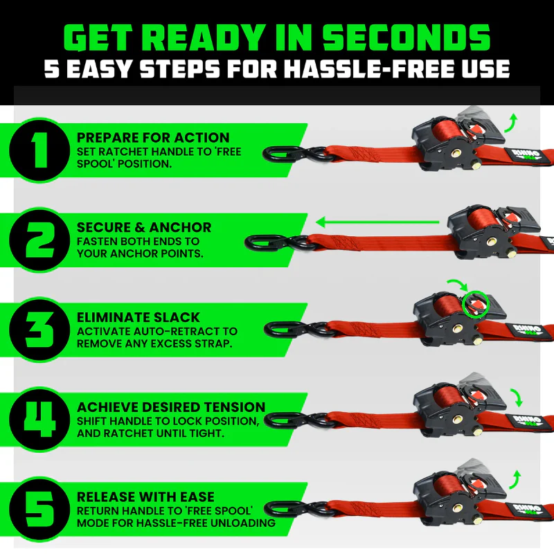 Rhino USA Retractable Ratchet Straps 2In X 10Ft (2-Pack) Red Model TD-RSRE2X10-RED-R - Image 5